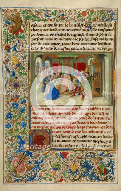 King Haldin Accusing the Sultan's Daughter Gracienne of Dishonorable Behavior, 1464. Creators: Lieven van Lathem, David Aubert.