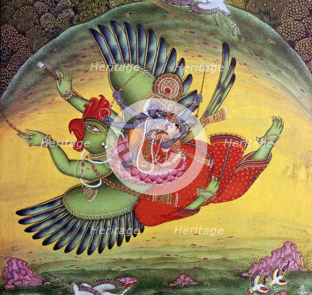 Painting of Vishnu and his consort Lakshmi riding on the bird-god Garuda. Artist: Unknown