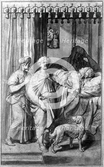 A sick, dying or dead woman lying on a bed in the presence of three figures, c1700. Creator: Gerard Hoet.