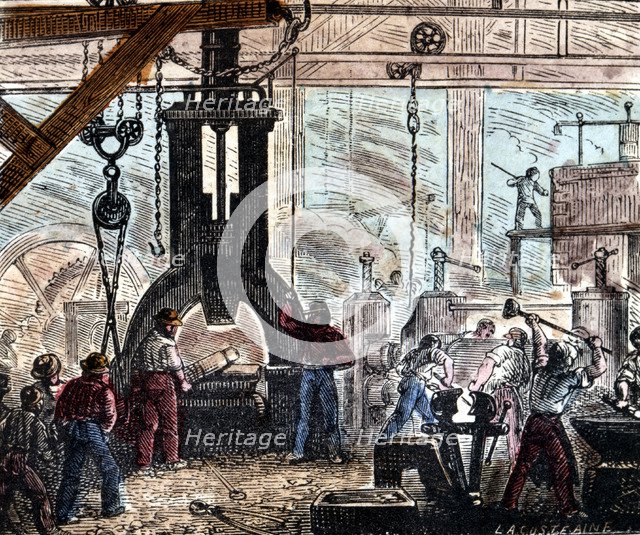Steam hammer being used in an ironworks, France, 1867. Artist: Unknown