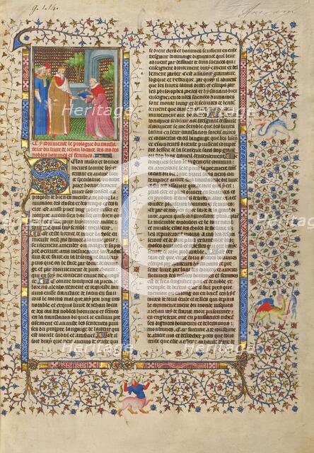 The Presentation of the Book to a King; Des cas des nobles hommes et femmes, about 1413-1415. Creators: Boucicaut Master, Workshop of the Boucicaut Master.