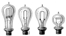 Edison's incandescent lamps showing various forms of carbon filament, 1883. Artist: Unknown