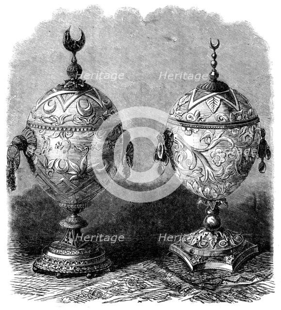 The International Exhibition: cups made of ostrich eggs, in the Algerian Court, 1862. Creator: Unknown.