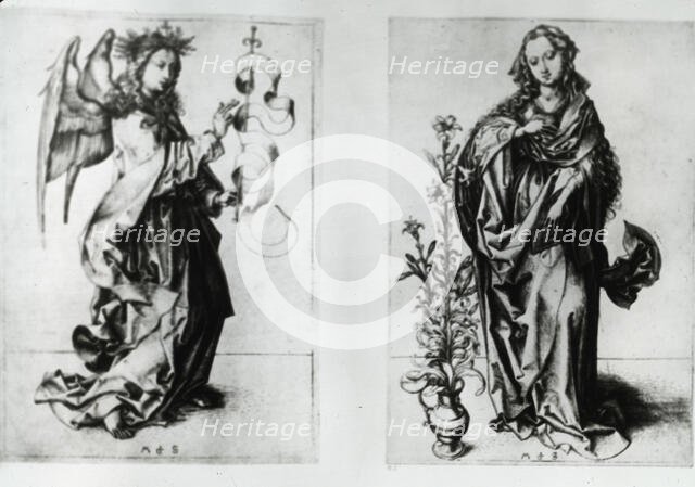 Reproduction of print showing: Madonna and Archangel Gabriel , between 1915 and 1925. Creator: Martin Schongauer.