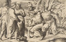 Two satyrs bringing Silenus King Midas standing at the left, 1531-76. Creator: Giulio Bonasone.