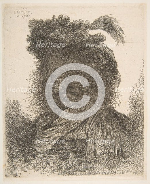 Head of a man in shadow turned slightly to the left, from the series of 'Large Or..., ca. 1645-1650. Creator: Giovanni Benedetto Castiglione.