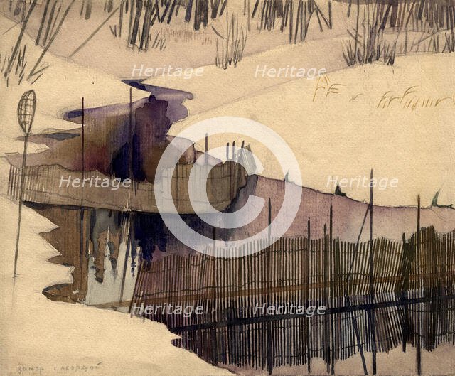 Blocked stream with weir in winter. Selkups, 1920. Creator: A. G. Vargin.