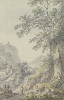View of a mountain landscape with a castle, in the foreground a sunken lane with three figures, 1767 Creator: Johann Heinrich Muntz.