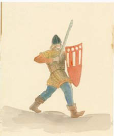 A medieval soldier carrying a long sword in his right hand and a shield in his left, 2004. Creator: Judith Dobie.