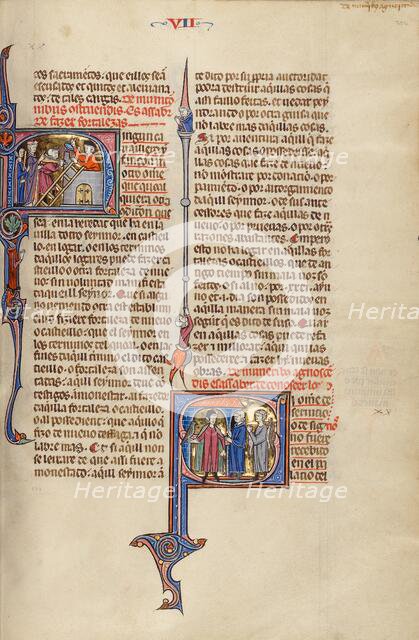 Initial N: Two Men Building a Fortress: Initial S: Two Men Meeting a Nobleman..., about 1290-1310. Creator: Unknown.