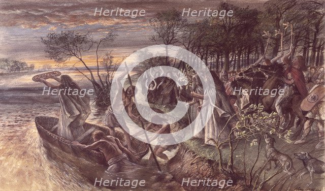 The offering of an Iron Age shield to the river. Artist: Unknown