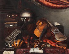 Musical instruments, a globe, books, playing cards and a painter's palette. Creator: Bettera, Bartolomeo (1639-c. 1688).