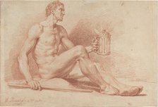 Male Nude with a Lamp (Diogenes), 1724. Creators: Bernard Picart, Nicolas Boileau Despreaux.