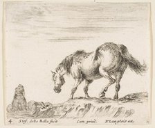 Plate 4: a horse in profile facing the left, about to descend from a mound, a horse..., ca. 1644-47. Creator: Stefano della Bella.