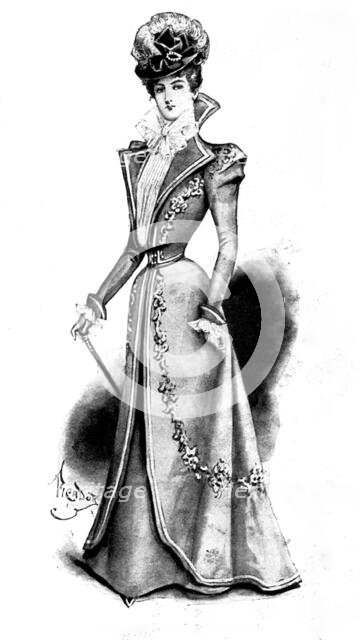 Ladies' Page: a cloth walking costume, 1898. Creator: Picador.