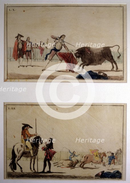  'Suerte de Matar' (Bullfighting stage), colored engraving by Antonio Carnicero.