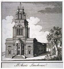 South-west view of the Church of St Anne, Limehouse, London, c1750. Artist: Anon