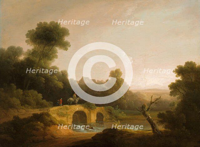 Landscape with Figures Crossing a Bridge, 1790/1800. Creators: John Rathbone, George Morland.