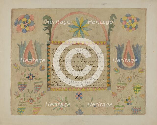 Pa. German Birth Certificate, c. 1940. Creator: Ethelbert Brown.