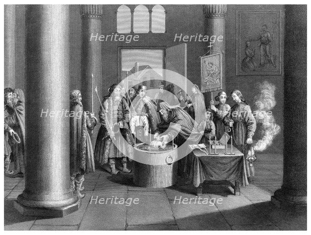 'A Baptism According to the Greek Church in Russia'.Artist: W Forrest