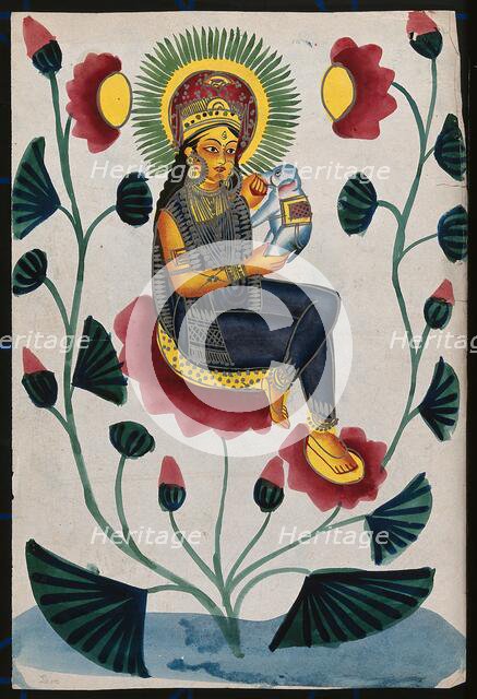 A goddess on a flowering plant holding a baby elephant, could either be Lakshmi or Parvati. Creator: Unknown.