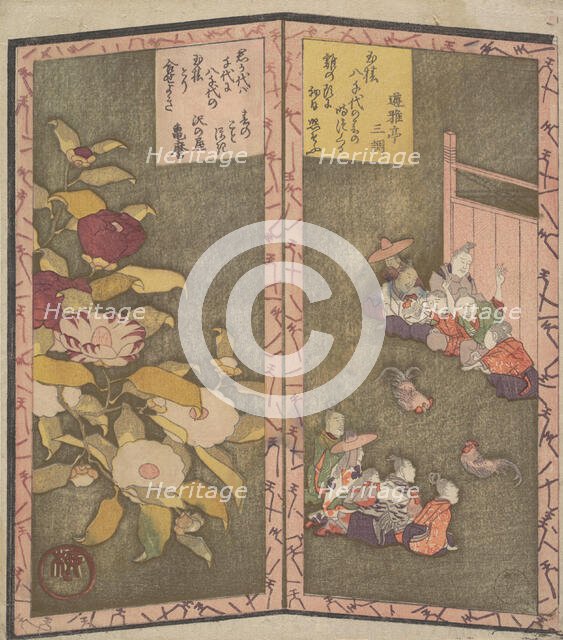 Camellia Flowers (left); People Watching a Cockfight (right), ca. 1820., ca. 1820. Creator: Shinsai.