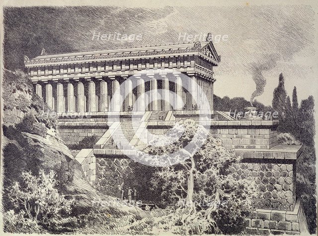 The Temple of Artemis, Greek goddess of hunt, in Ephesus, German engraving from 1886, one of the …