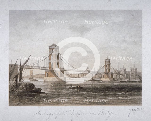 View of Hungerford Suspension Bridge and boats on the River Thames, London, 1854.                    Artist: Louis Julien Jacottet