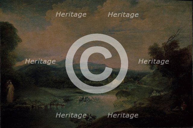 Landscape with a waterfall, ca 1714. Artist: Watteau, Jean Antoine (1684-1721)