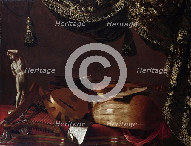 Musical instruments and statuette, c. 1660. Creator: Baschenis, Evaristo (1617-1677).
