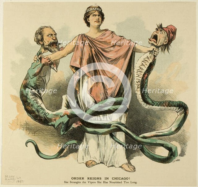 Order Reigns in Chicago!, from Puck, published April 18, 1887. Creator: Charles Jay Taylor.