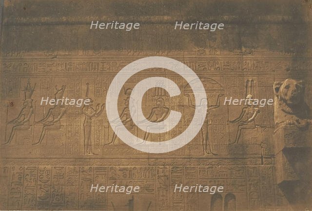 Sculptures sur la façade postérieure du grande Temple de Dendérah (Tentyris), 1849-50. Creator: Maxime du Camp.