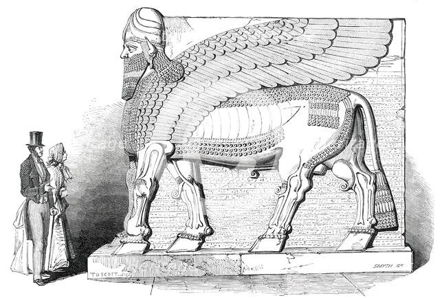 Nimroud Sculptures Just Received at the British Museum - Human-Headed and Eagle-Winged Bull, 1850. Creator: Smyth.