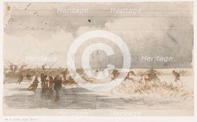 Skaters and horse sleigh on the ice, 1840-1880. Creator: Johannes Tavenraat.