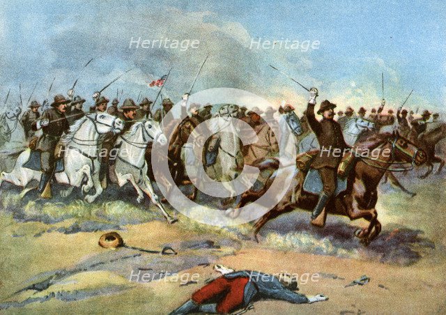 Cavalry charge by US regulars, Spanish-American War, 1898. Artist: Unknown