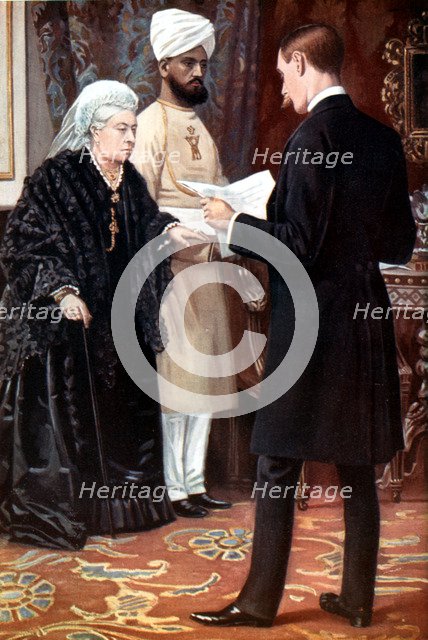 Queen Victoria listening to a dispatch from the front line during the Boer War, 1899-1901.  Artist: Unknown.