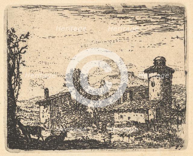 Landscape with two horned goats in shadow at left foreground, village buildings bey..., ca. 1641-78. Creator: Karel Du Jardin.