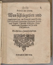 Aviso. Relation oder Zeitung. Title page of the first edition , 1609.