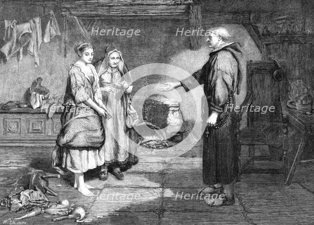 "The Bible and the Monk," by J. Pettie, in the Winter Exhibition, Suffolk-Street, 1865.  Creator: W Thomas.