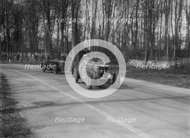 MG Magnette leading a Frazer-Nash Shelsley at Donington Park, Leicestershire, 1930s. Artist: Bill Brunell.