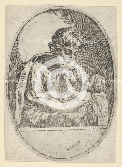 Saint Joseph holding the infant Christ, who raises up his hands, an oval composit..., ca. 1600-1660. Creator: Anon.