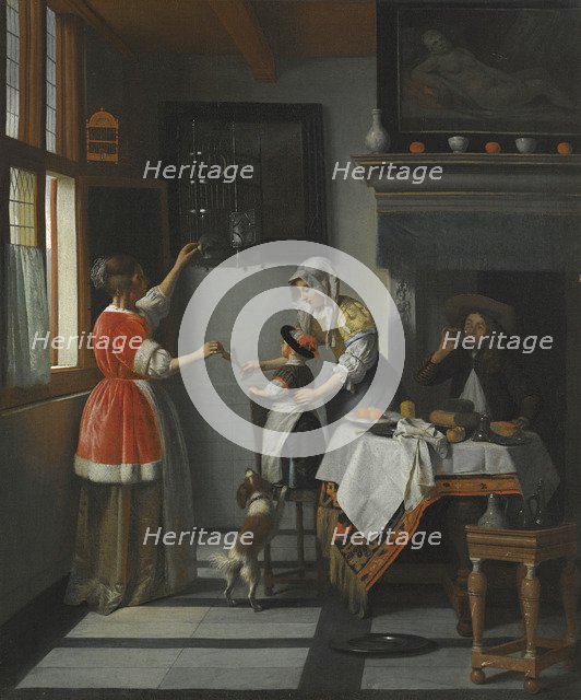 Interior with a Child Feeding a Parrot.