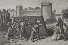 Siege of Barcelona in 801: Frankish soldiers protected behind a mantlet, 1890.  Creator: Joan Serra y Pausas.