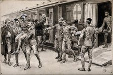 Boer War: wounded soldiers being escorted off the hospital train at Durban from Ladysmith, 1899. Creator: Frank Dadd.
