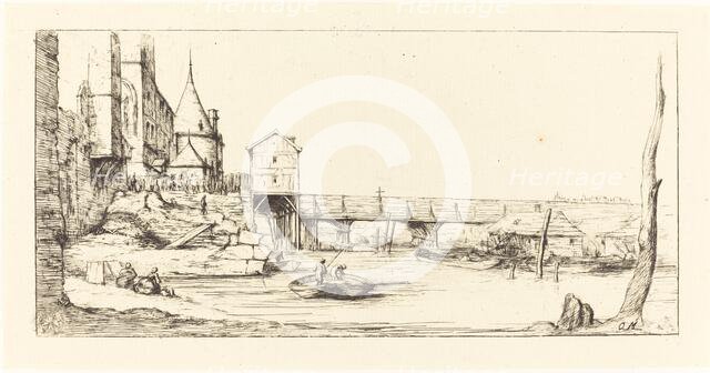 Passerelle du Pont-au-Change, Paris, après l'Incendie de 1621 (Footbridge...), 1860. Creator: Charles Meryon.