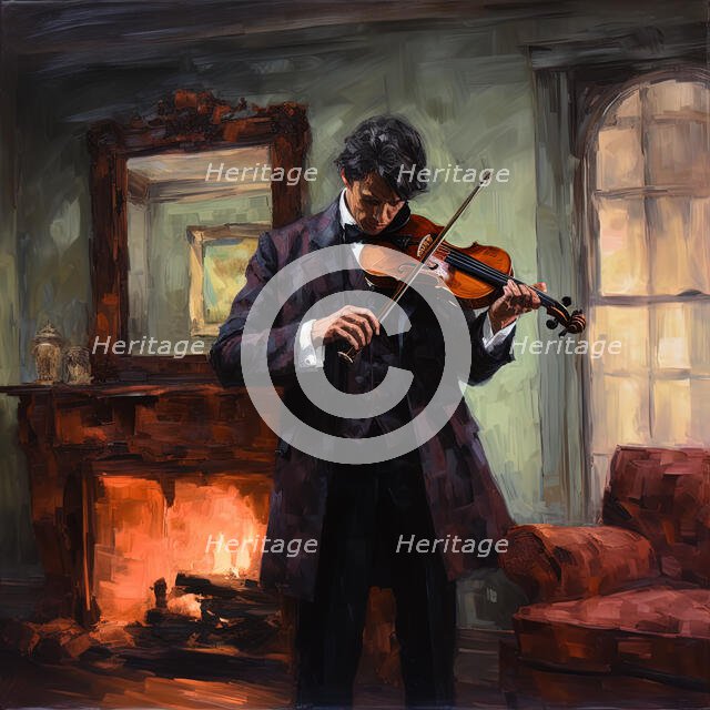 AI IMAGE - Sherlock Holmes playing the violin in his rooms at 221B Baker Street, 2023. Creator: Heritage Images.