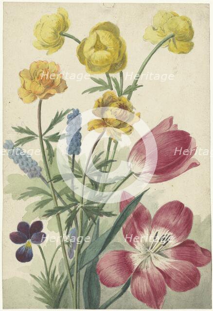 Bouquet of tulips, pansies, grape hyacinths and dotters, 1763-1825. Creator: Willem van Leen.