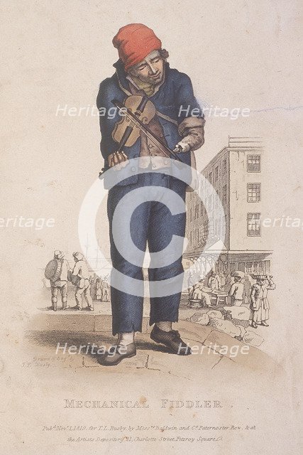 Fiddler with a prosthetic arm, with a market in the background, 1820. Artist: Thomas Lord Busby