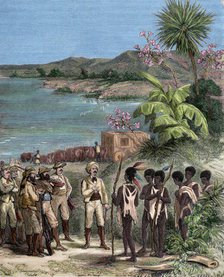 Henry Morton Stanley and David Livingstone in Africa, 19th century.  Creator: Unknown.