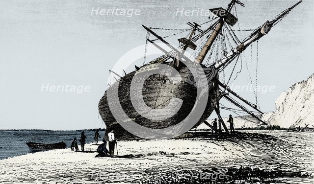 HMS 'Beagle' laid ashore, Rio Santa Cruz, Patagonia, South America, 1834 (1839). Artist: Unknown.